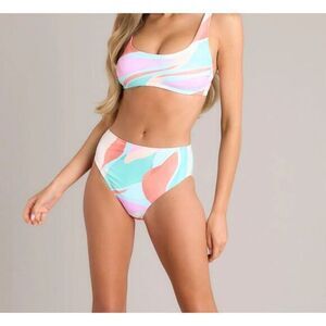 Vici Swim Bikini Set Small Blue Pink Retro Abstract Print Swimsuit High Rise S